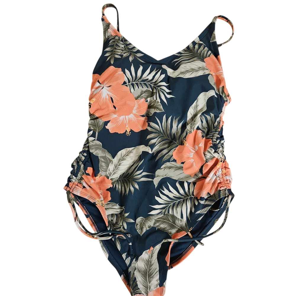 Kona Sol Green Coral Hibiscus Print One Piece Swimsuit NWT Size Med (8-10)